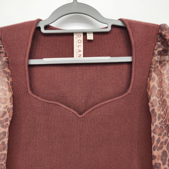 Anthropologie DOLAN Leopard Print Sheer Puff-Sleeve Brown Sweater Women's M - Picture 8 of 11
